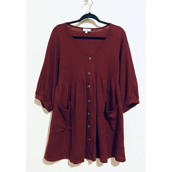 Umgee Dresses & Skirts - Umgee Dress Womens Large Burgundy Waffle Knit 3/4 Puffy Sleeve Pockets Oversized